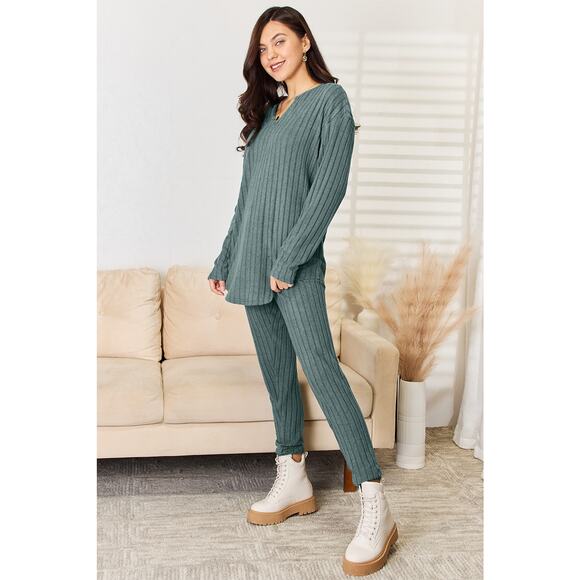 BASIC BAE Deep Teal 2 Piece Notched Long Sleeve Top & Pants Set Plus Size 3X NEW - Picture 1 of 6